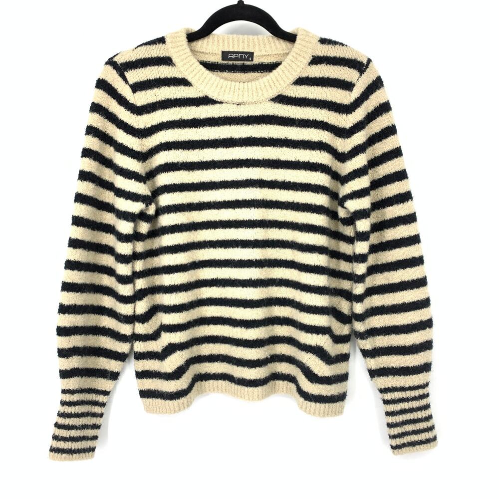 APNY Pullover Crew Neck Sweater Womens Size Small Black Cream Striped